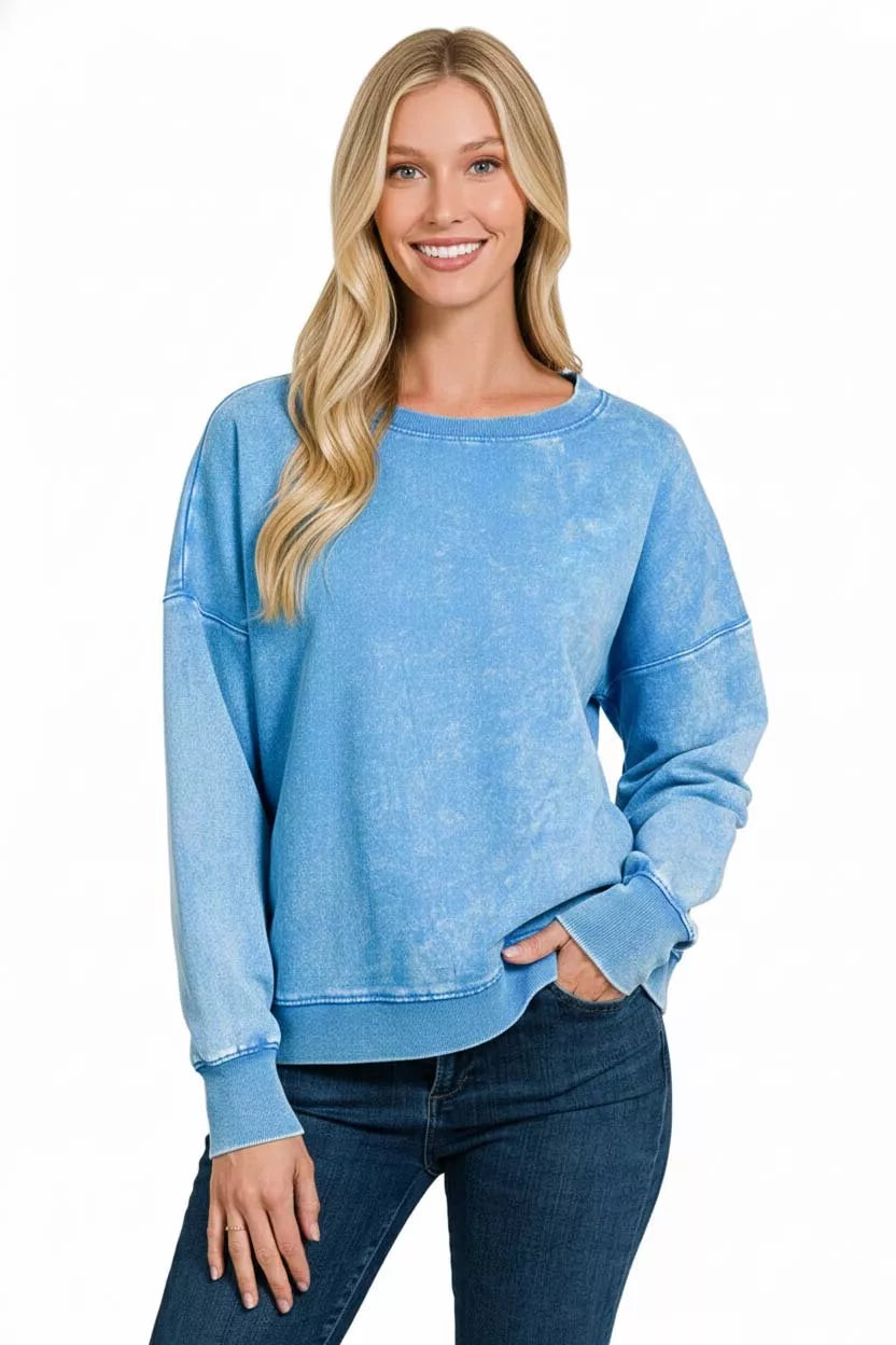 Acid wash French terry boat neck sweatshirt
