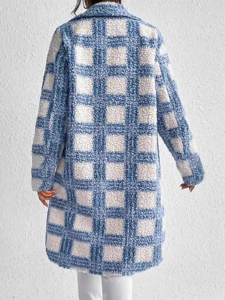 Plaid sherpa fleece button-up longline coat with collar