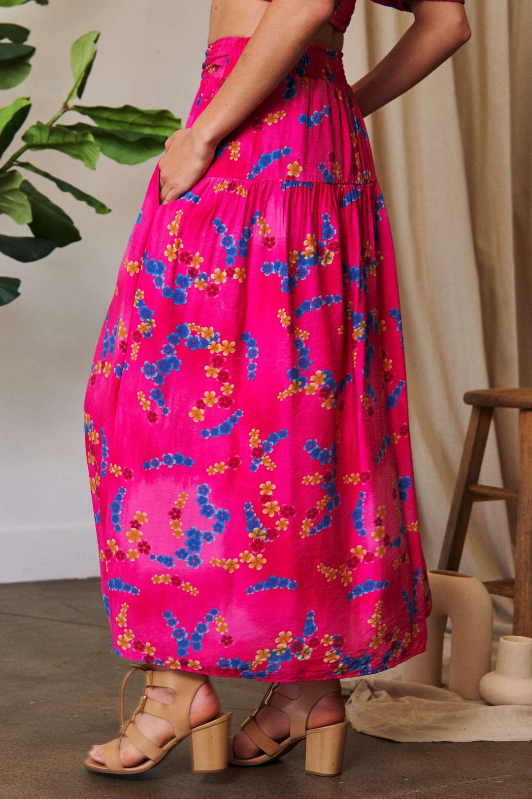 Floral smocked waistband ruffled maxi skirt with pockets