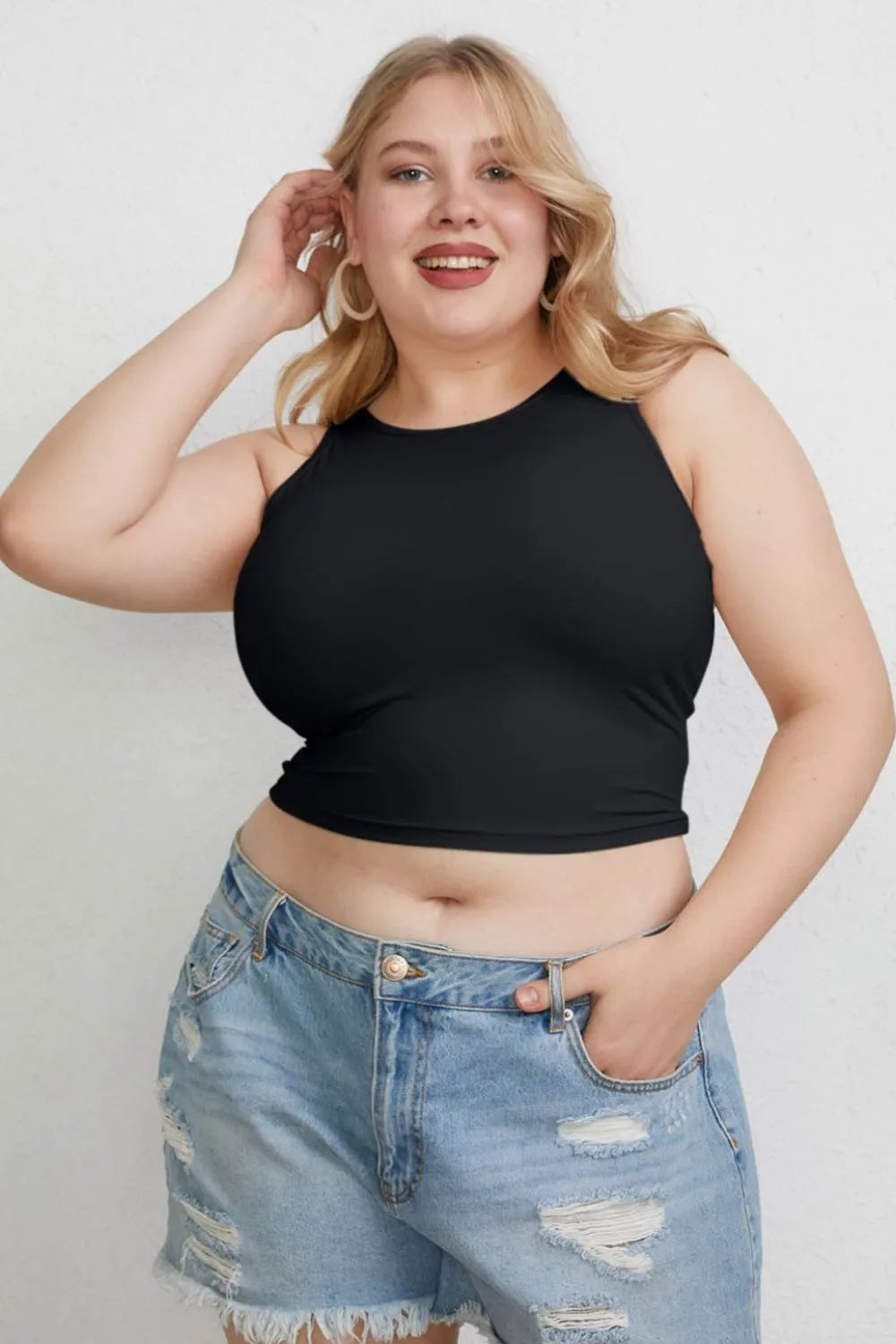 Slim-fit round neck tank top with high neckline