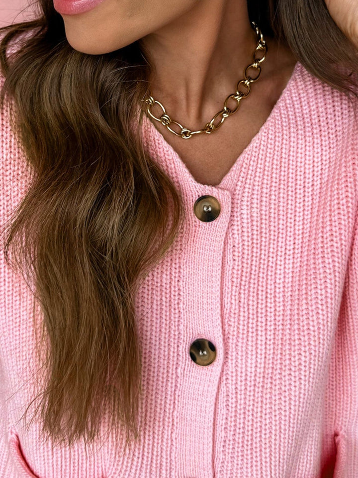 V-neck button-front knit sweater vest with patch pockets
