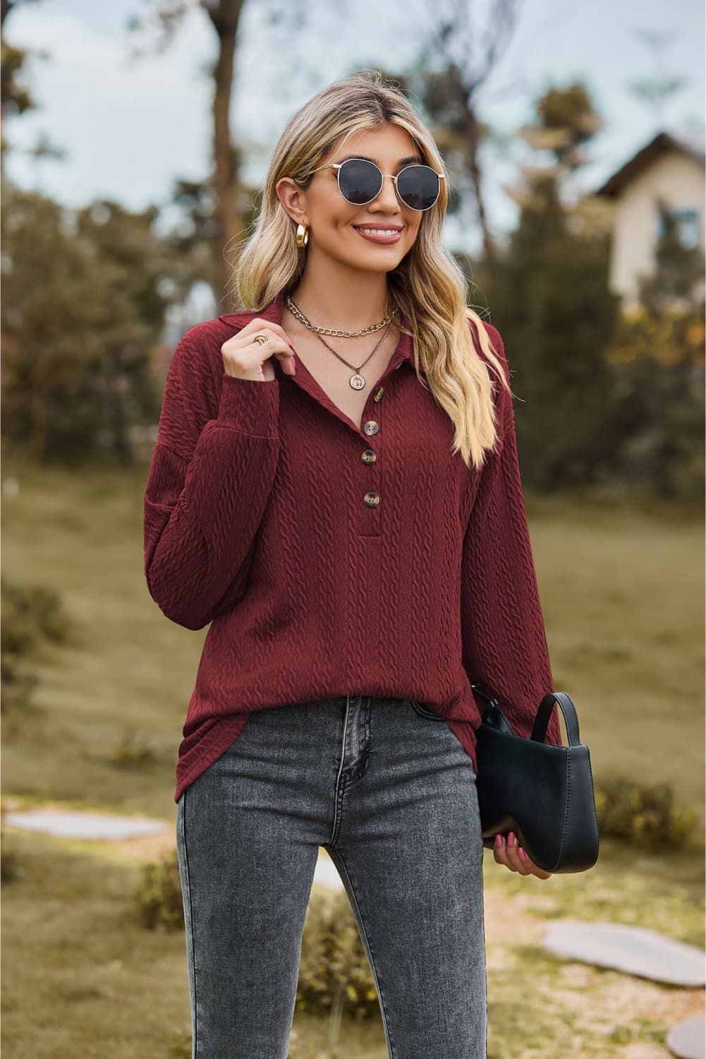 Textured knit collared top with half-button placket