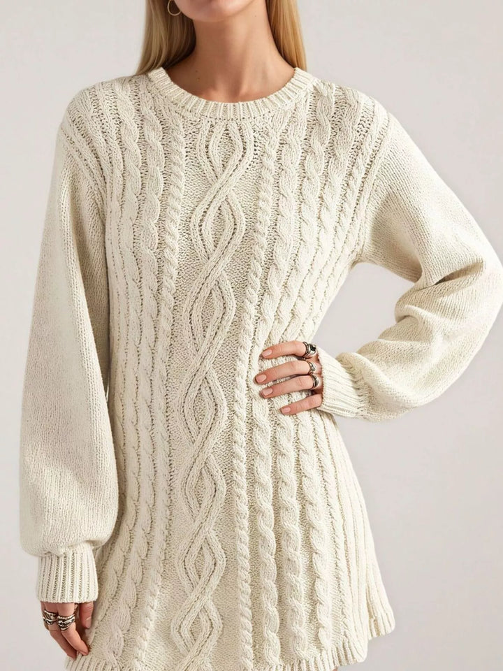 Cable knit long sleeve sweater mini dress with ribbed hem