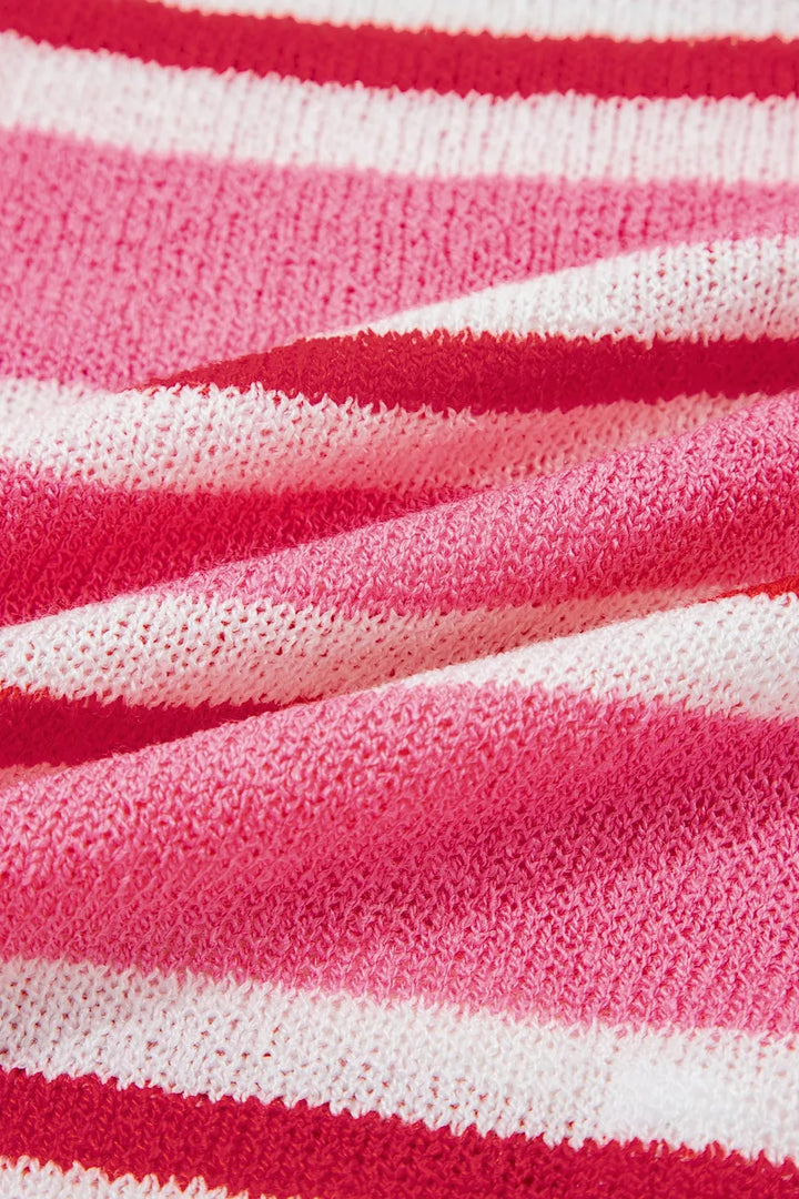 Striped knit button-front cardigan with rolled crew neck