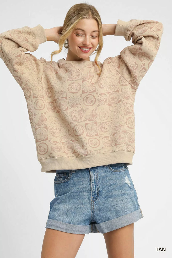 TAN Coin stamp print pullover sweatshirt with ribbed trim