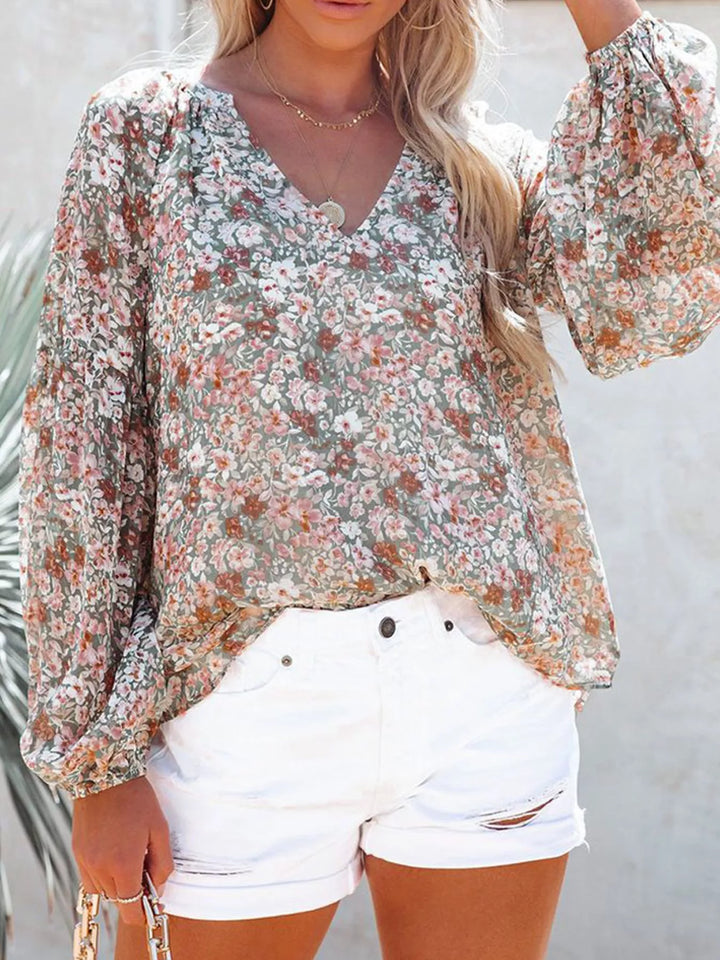 Color Floral print V-neck button-front blouse with long sleeves