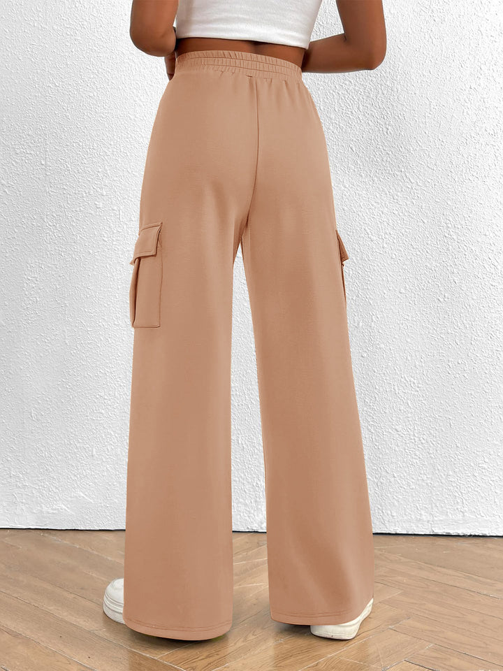 Drawstring high-waist wide-leg cargo pants with flap pockets