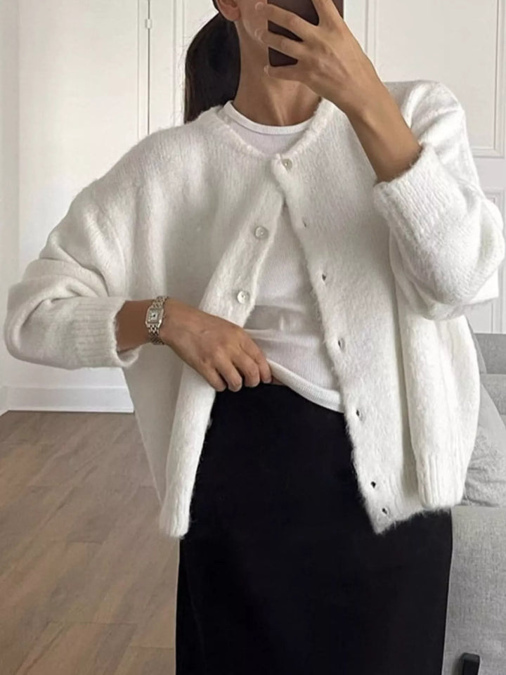 Brushed knit button-up cardigan with ribbed crew neck