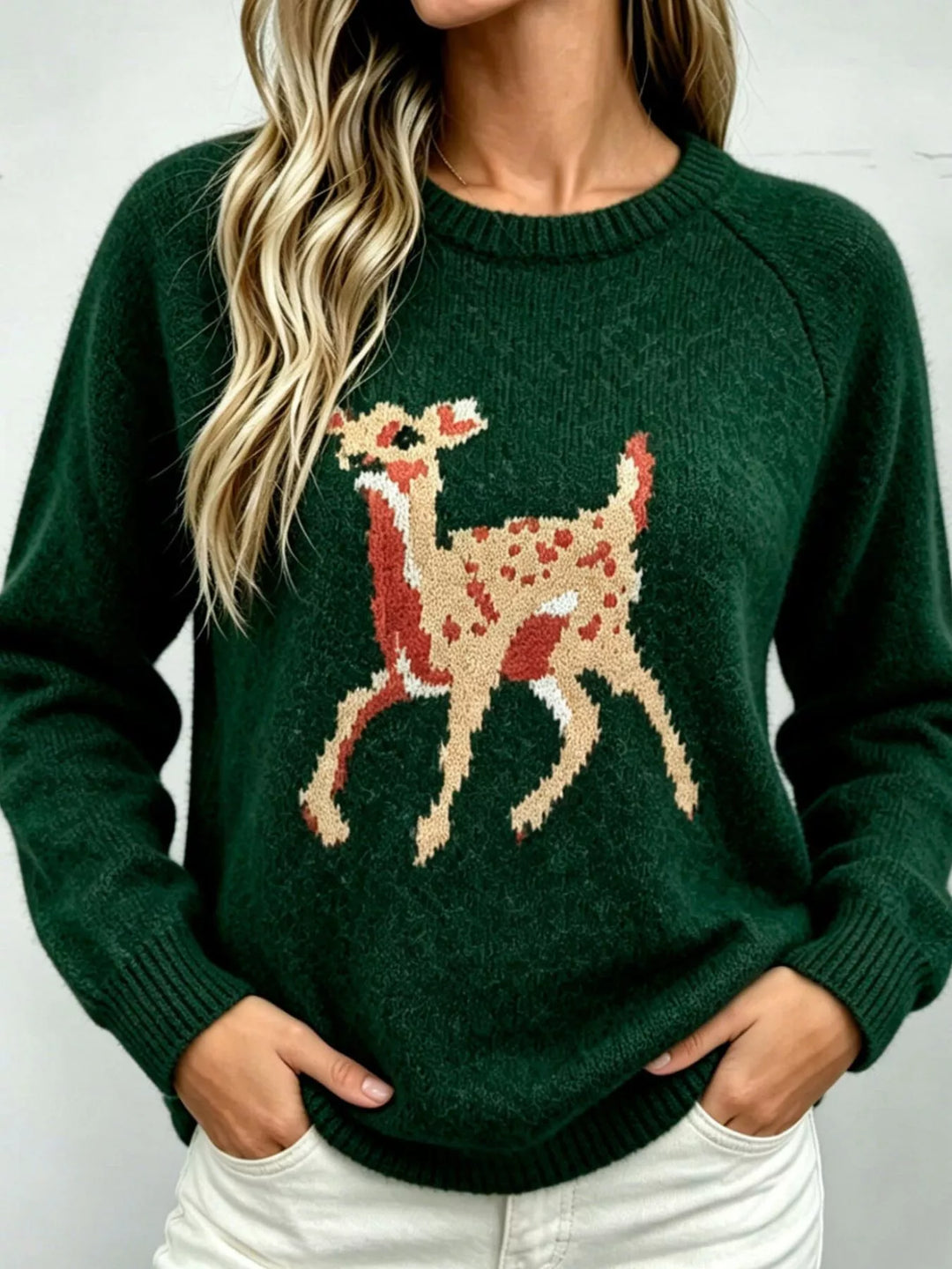 Dark Green Deer knit raglan sleeve pullover sweater with ribbed trim