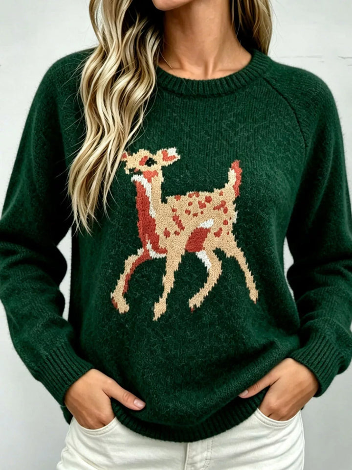 Dark Green Deer knit raglan sleeve pullover sweater with ribbed trim