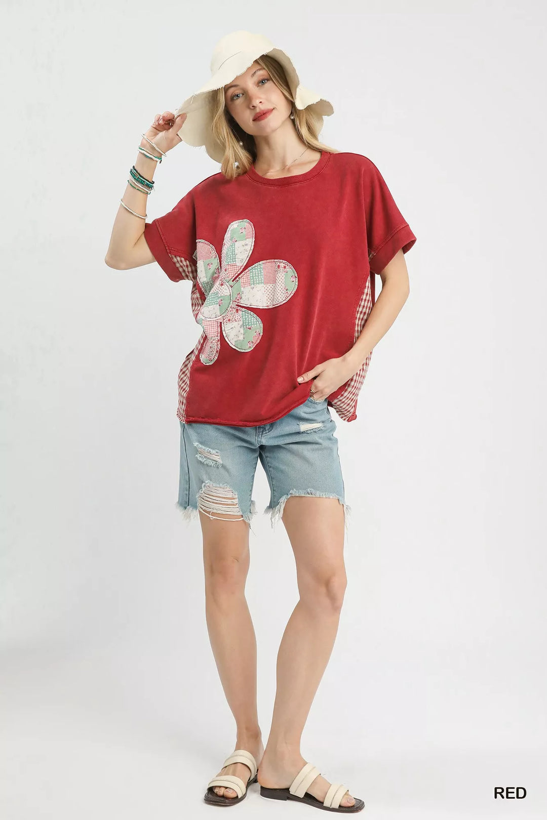 Mineral wash French terry top with floral patchwork flower