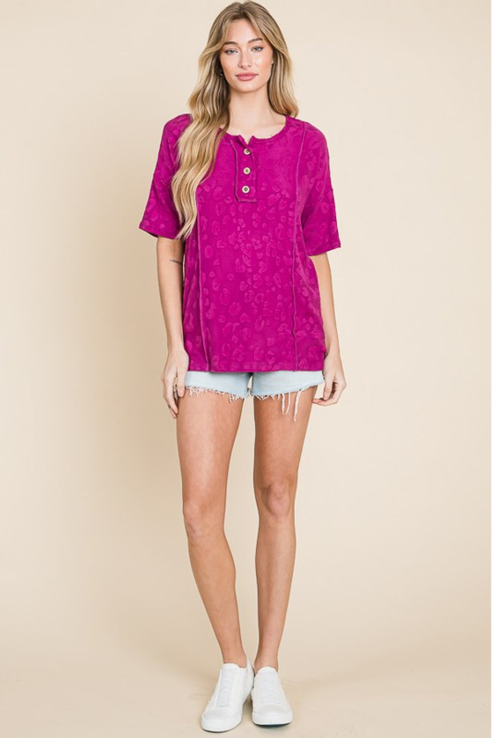 Textured leopard henley top with wooden buttons