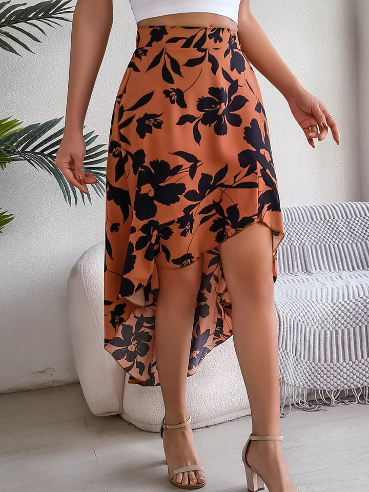 Floral print asymmetrical ruffle hem midi skirt
