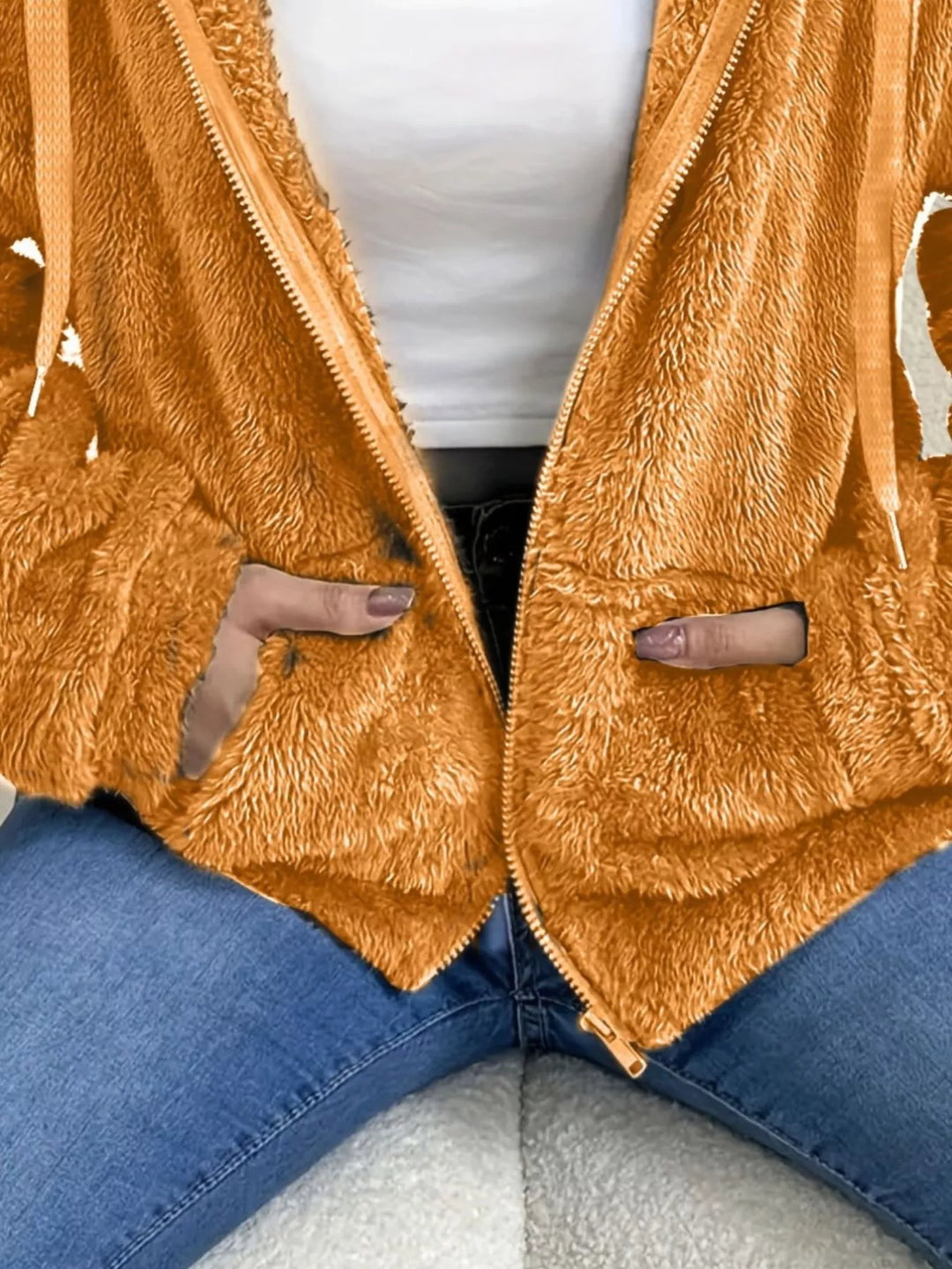 Tangerine Fuzzy fleece hooded zip-up jacket with front pockets