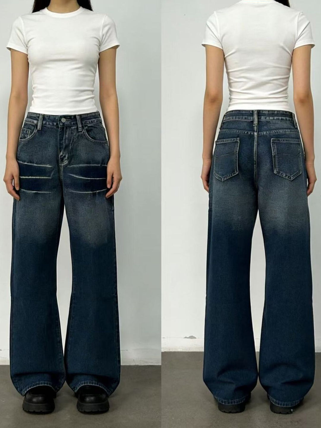 Distressed wide-leg jeans with faded thigh wash