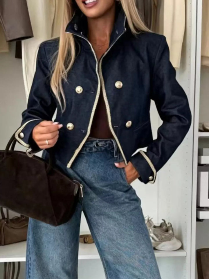Dark Blue Double-breasted cropped jacket with contrast braid trim