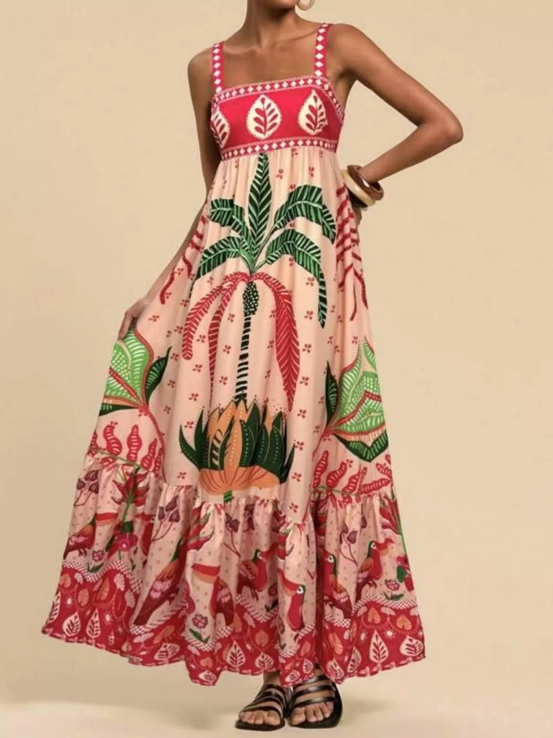 Tropical folk print square neck tiered maxi dress
