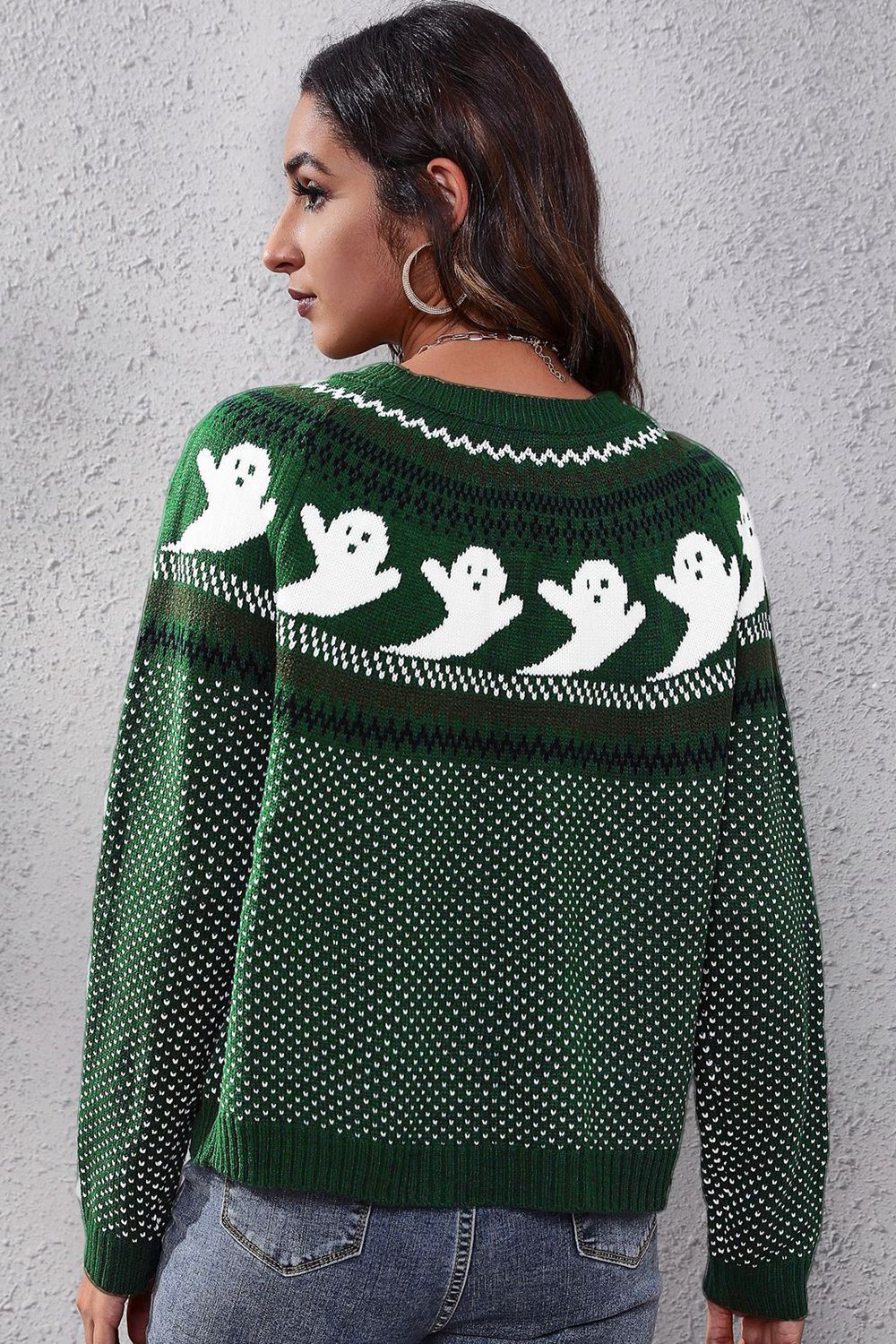 Ghost print Fair Isle knit crew neck pullover sweater