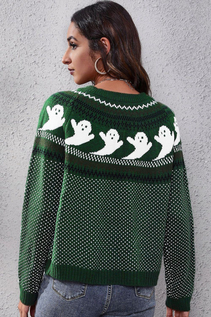 Ghost print Fair Isle knit crew neck pullover sweater