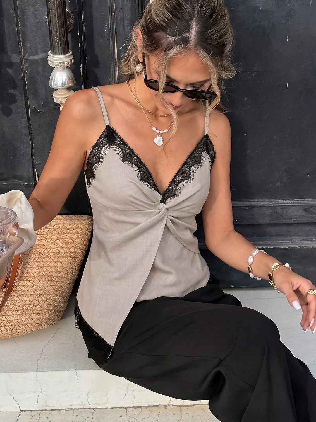 Lace trim twist-front cropped V-neck cami