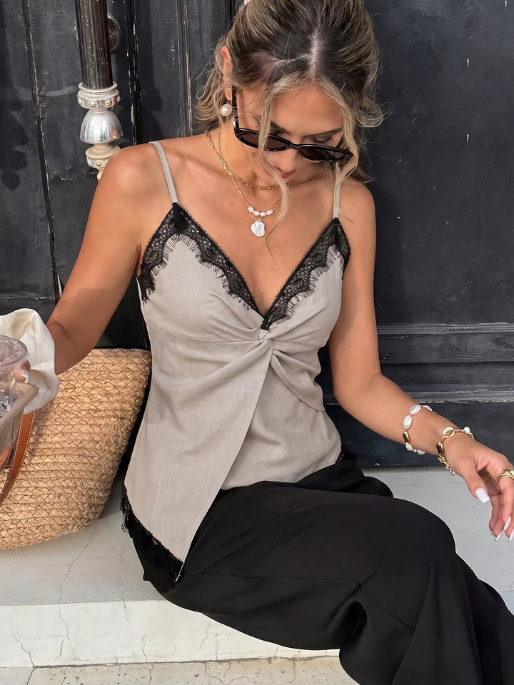 Lace trim twist-front cropped V-neck cami