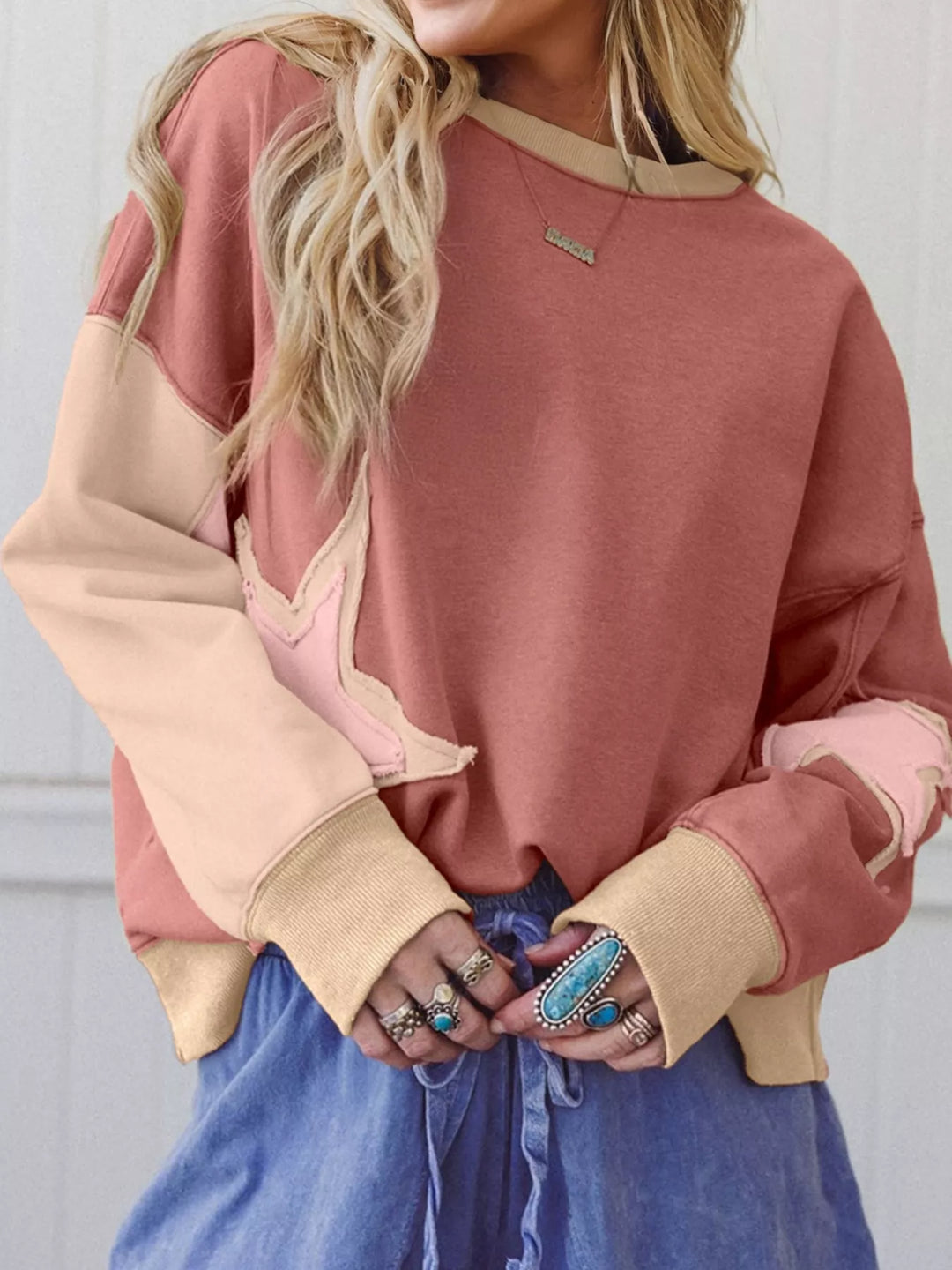 Star patch drop-shoulder sweatshirt with contrast panels