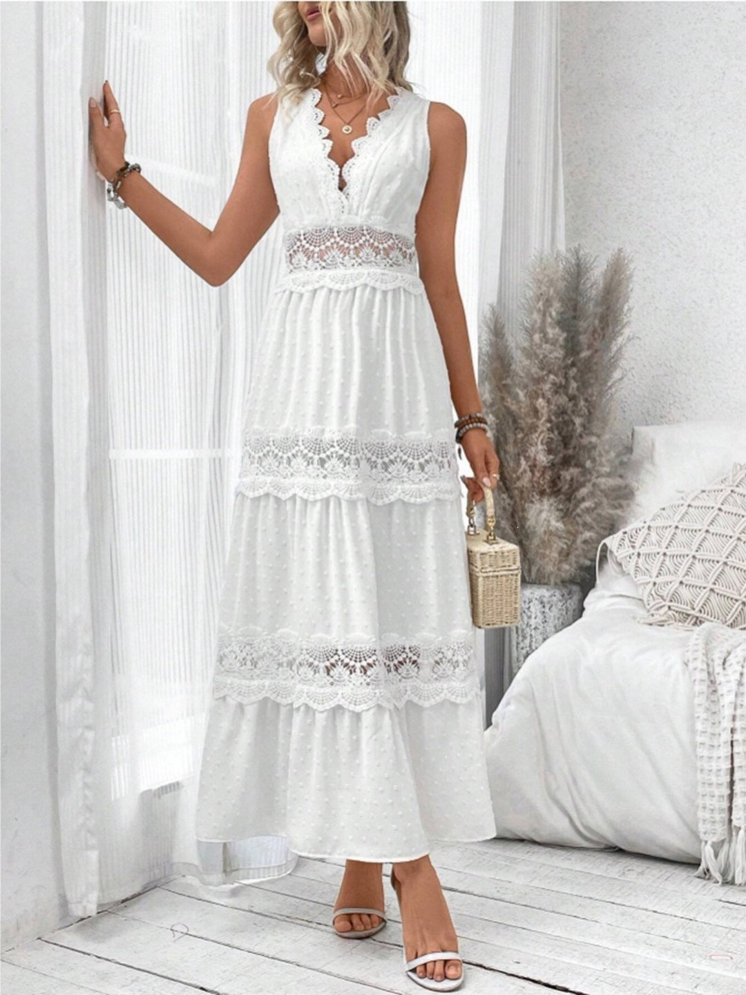 Sleeveless swiss dot tiered maxi dress with lace trim