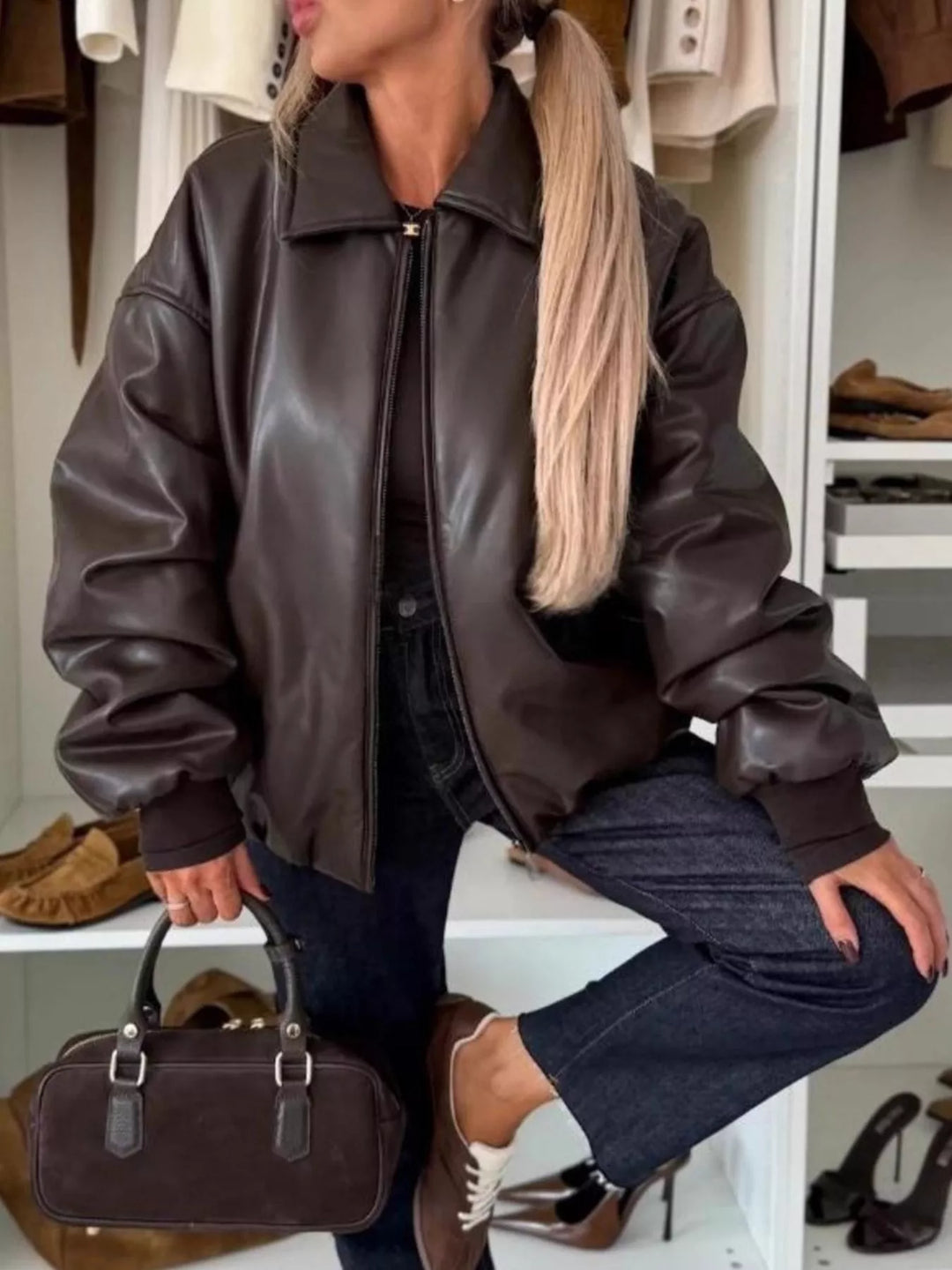 Oversized faux leather zip-up jacket with dropped shoulders