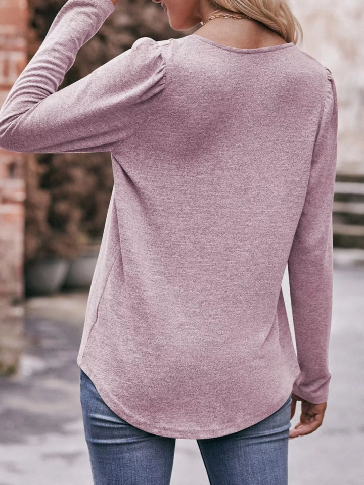 Pleated square neck long sleeve knit top
