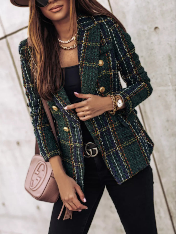 Black Forest Plaid tweed double-breasted blazer with gold buttons - Burgundy