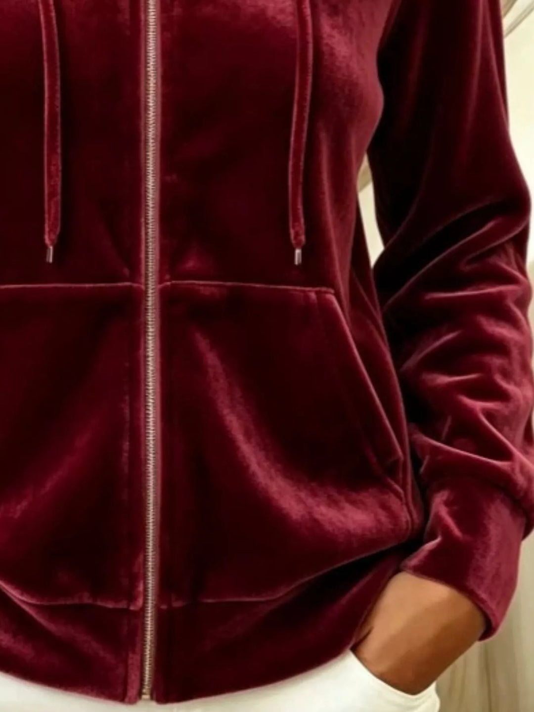 Velvet zip-up hoodie jacket with drawstring and front pockets