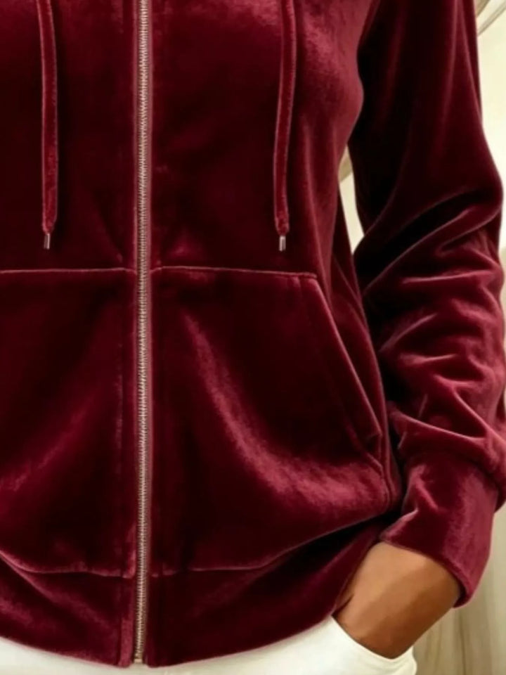 Velvet zip-up hoodie jacket with drawstring and front pockets