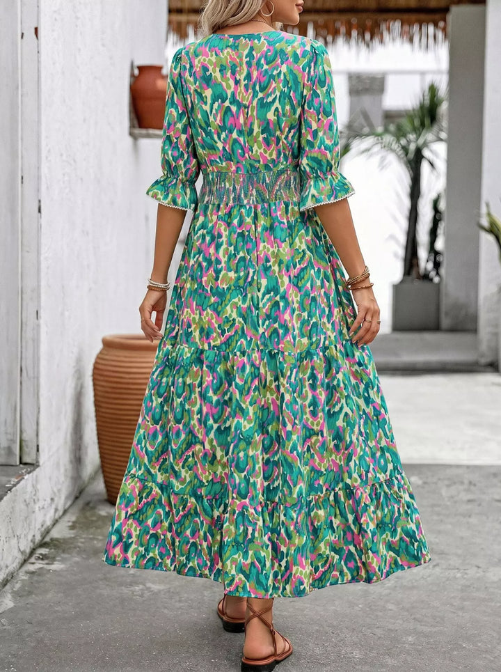Abstract print v-neck flounce sleeve tiered maxi dress
