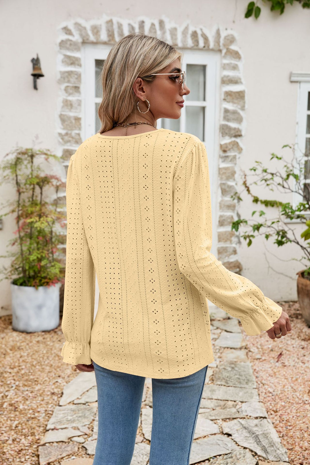 Eyelet lace-trim V-neck blouse with flounce sleeves