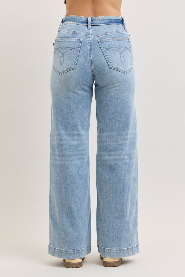 Mid-rise wide leg jeans with fold-over waistband