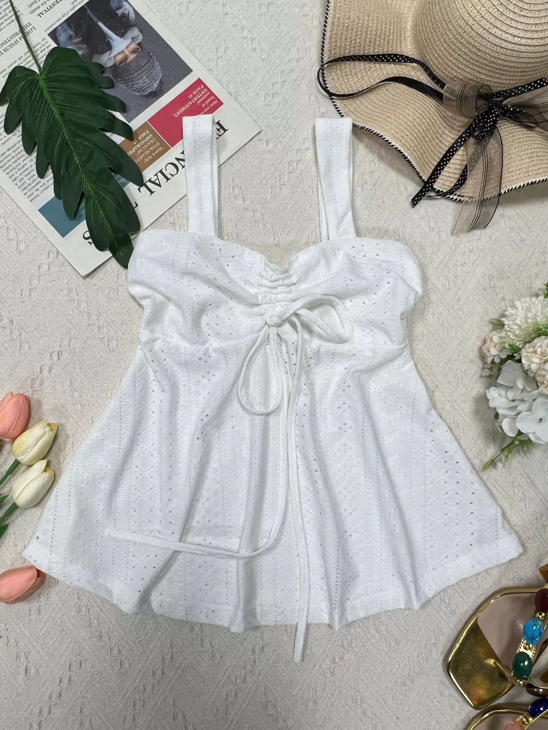 Eyelet cami with drawstring tie-front and sweetheart neckline