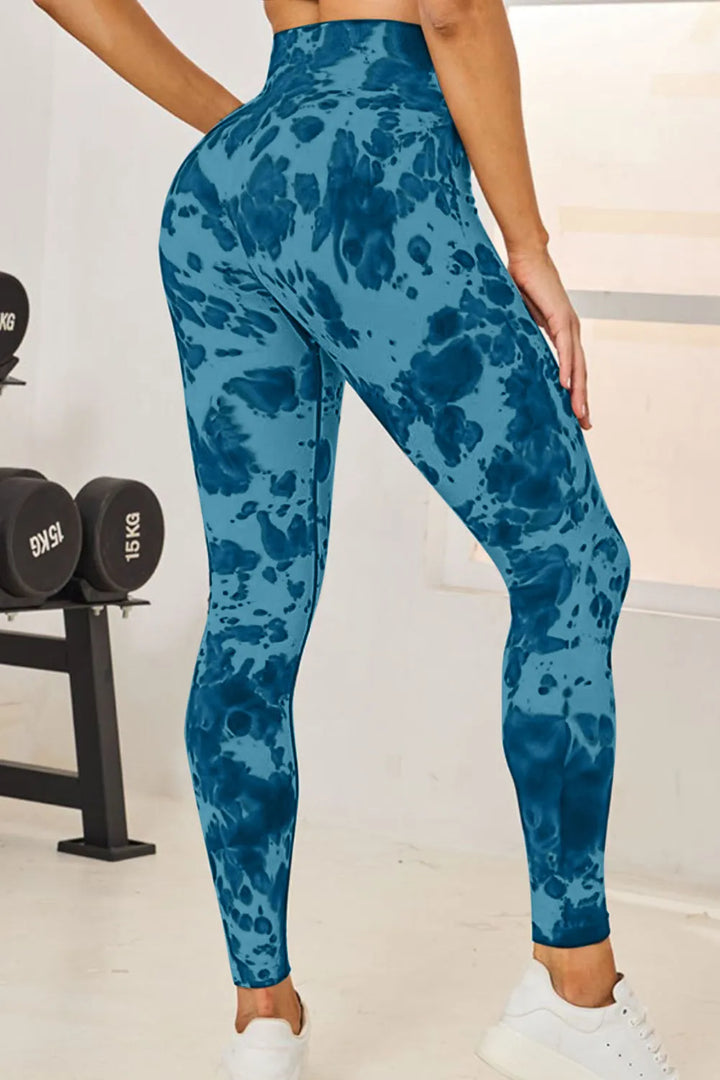Tie-dye high-waist active leggings with wide waistband