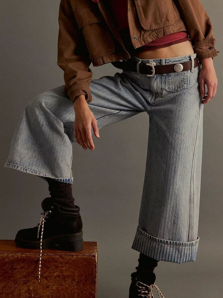 Wide-leg cropped jeans with deep cuffed hem and center seam