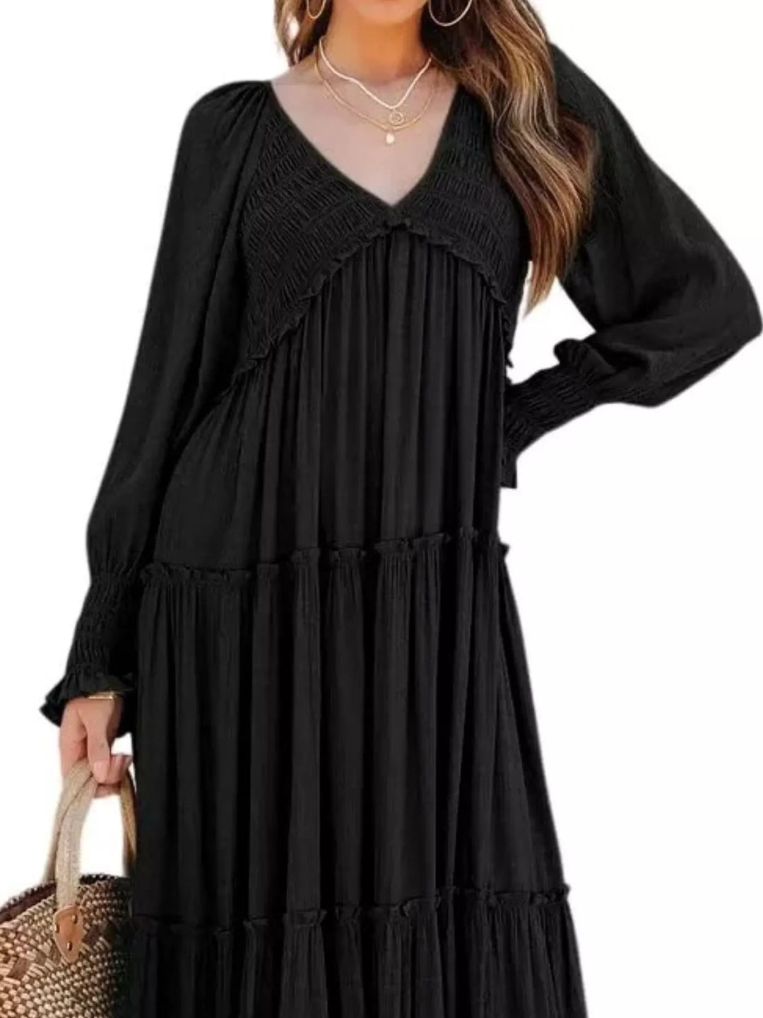 Smocked v-neck tiered maxi dress with long sleeves