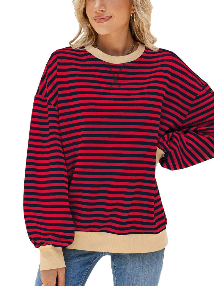 Burgundy Striped crew neck sweatshirt with contrast ribbed trim
