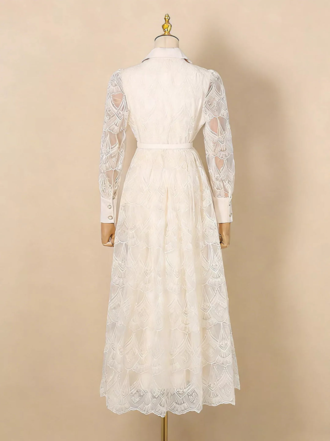 Belted lace button-front midi dress with notched collar
