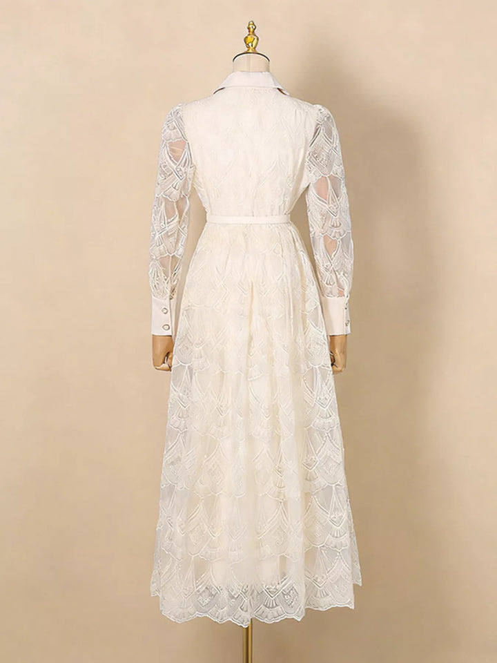 Belted lace button-front midi dress with notched collar