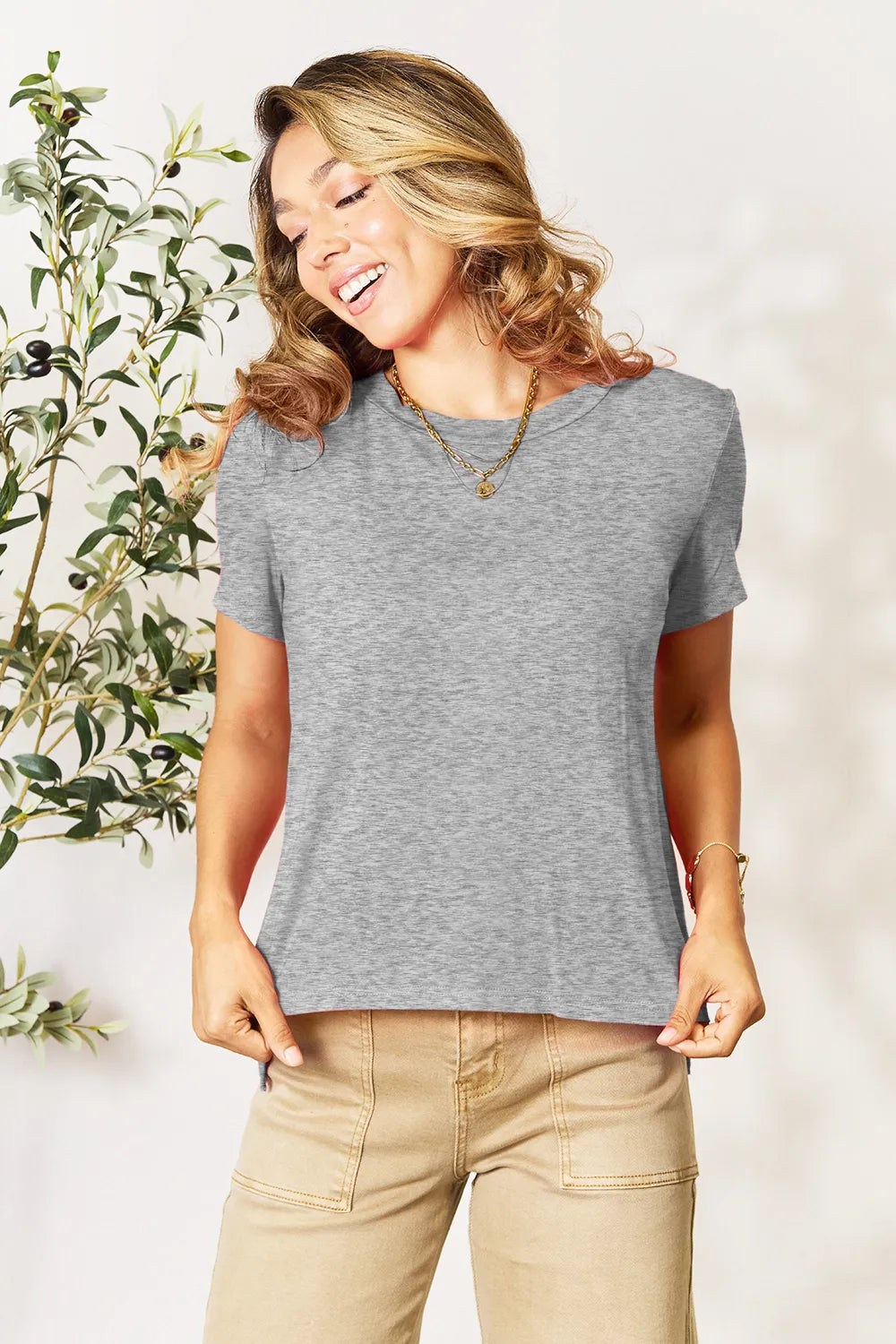 Gray High-low hem bamboo crew neck short sleeve t-shirt