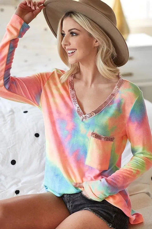 Tie-dye terry knit V-neck top with sequin trim