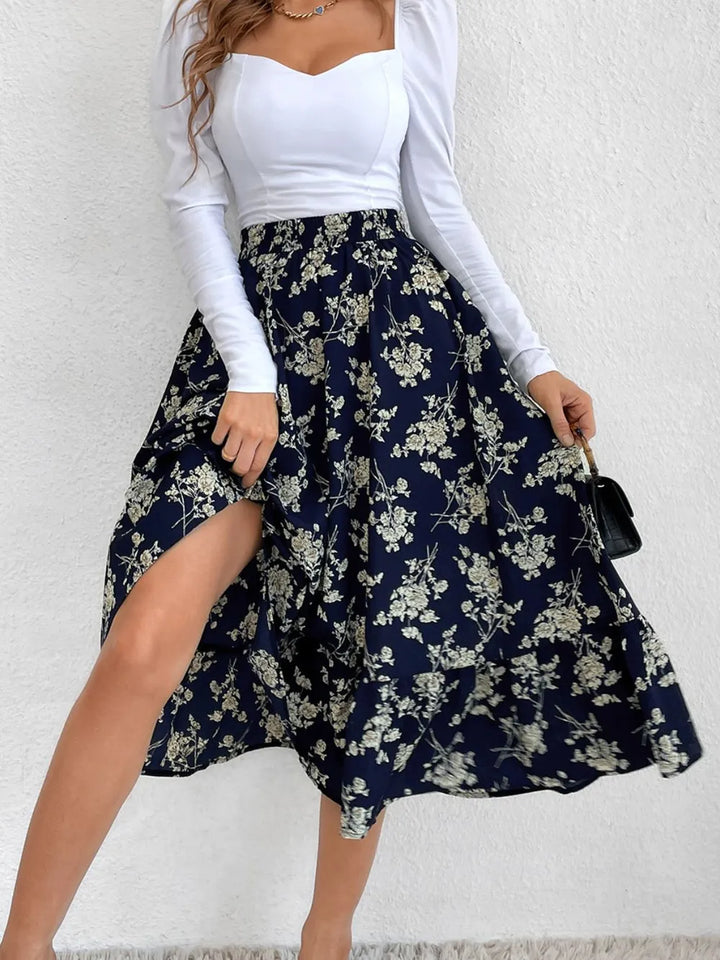 Flared ruffle-tier midi skirt with elastic waist