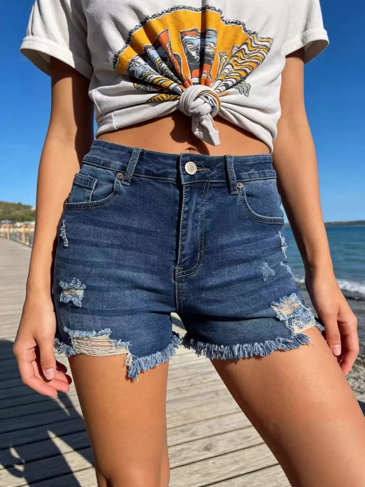 Dark Blue Distressed high-rise denim shorts with frayed raw hem