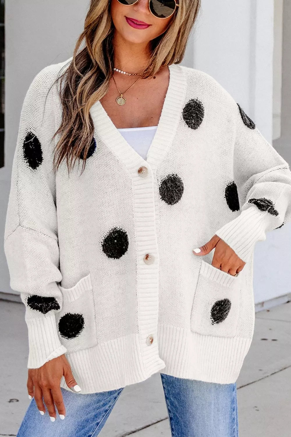 Fuzzy polka dot button-up knit cardigan with pockets