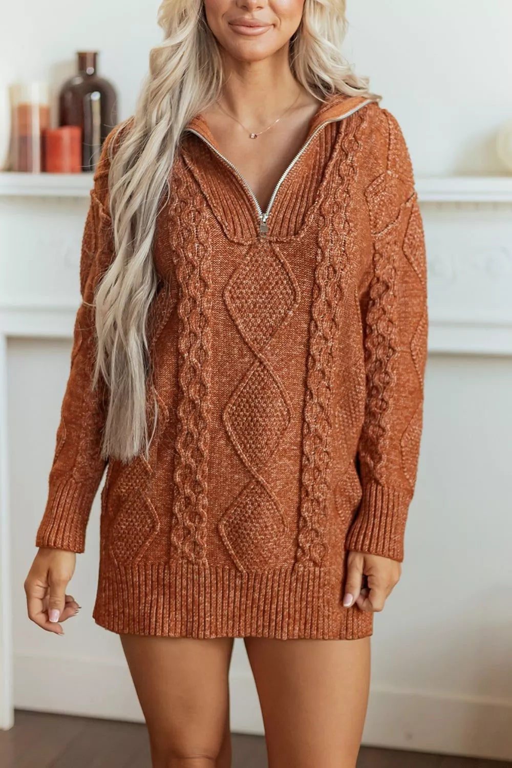 Caramel Cable knit quarter-zip mini sweater dress with drop shoulders