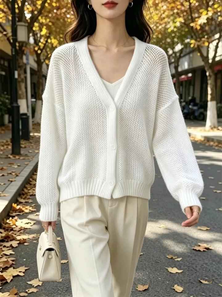 Open-knit V-neck button-front cardigan with ribbed trim