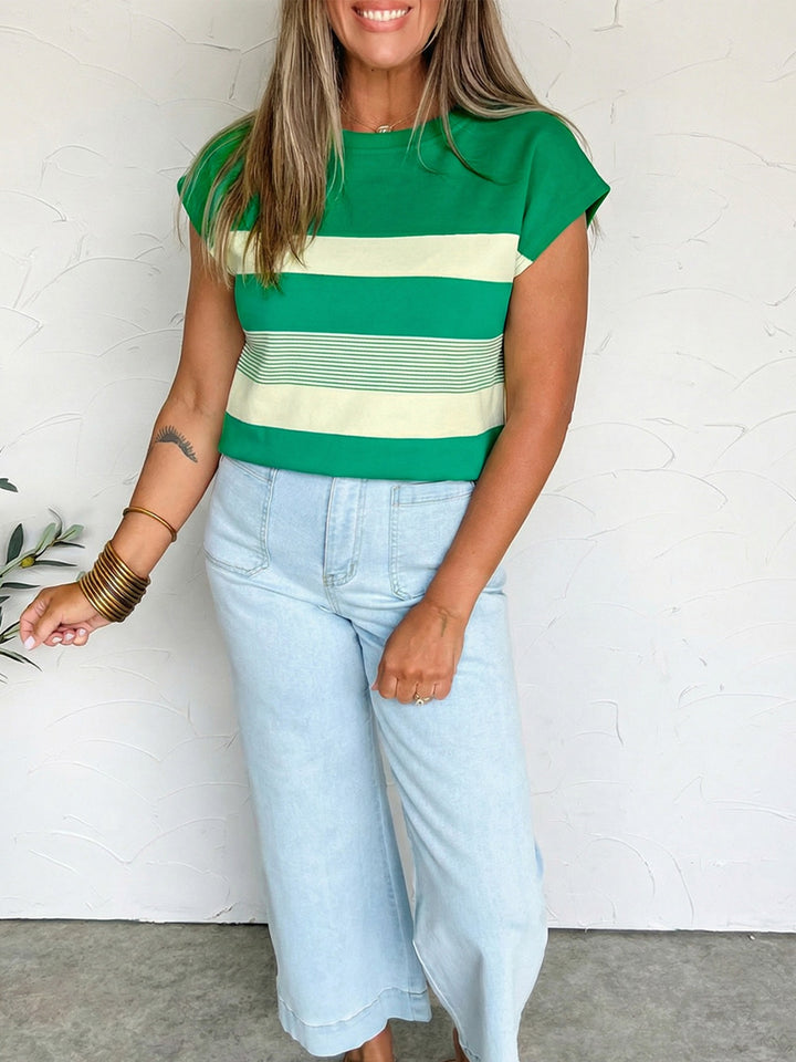 Mixed-width stripe crew neck cap sleeve top